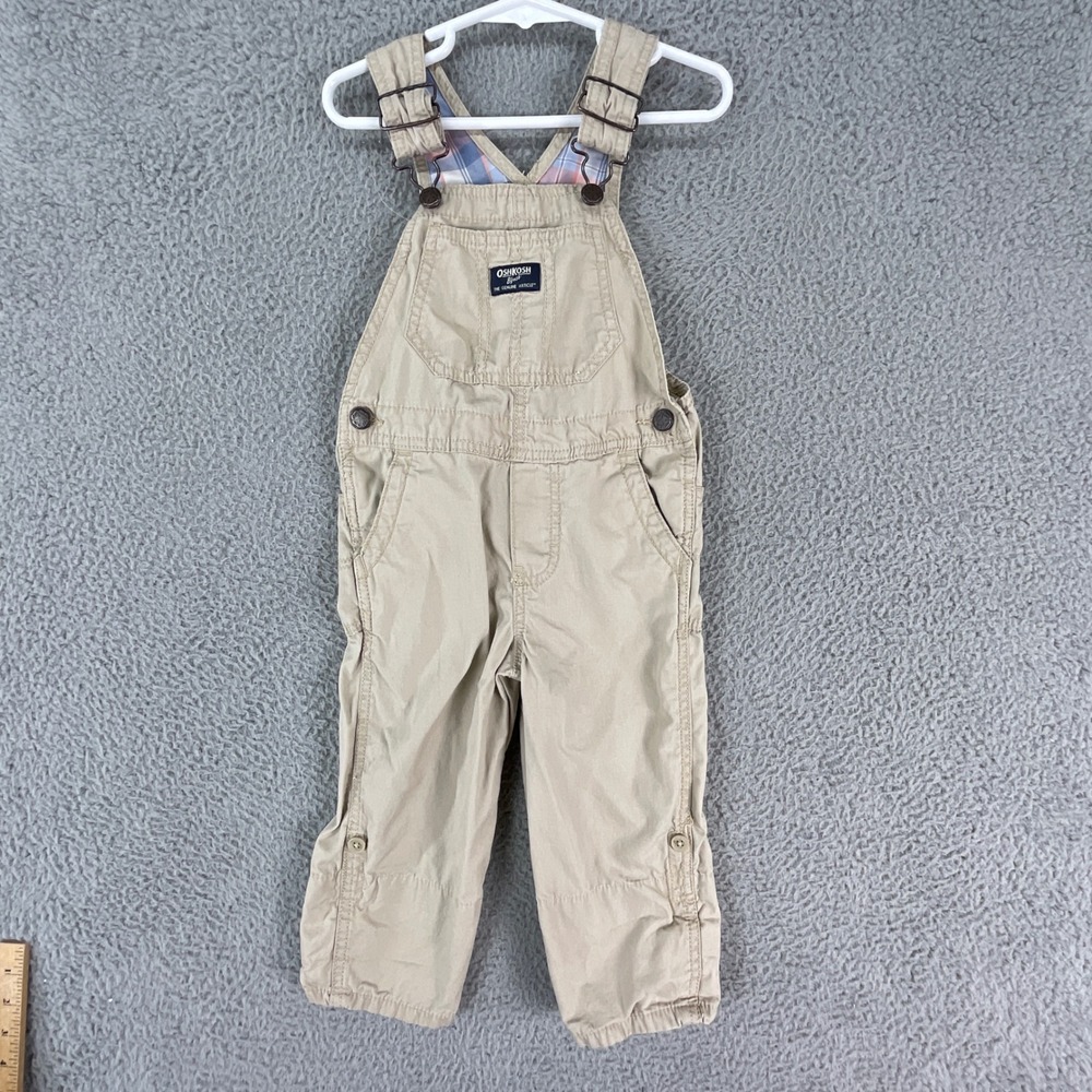 OshKosh B'gosh Overalls Toddler 3T Khaki Tan Plaid Lined Canvas Workwear Bibs